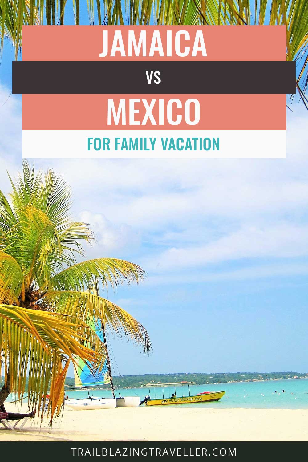 A beach with a coconut tree on it - Jamaica vs. Mexico for Family Vacation.