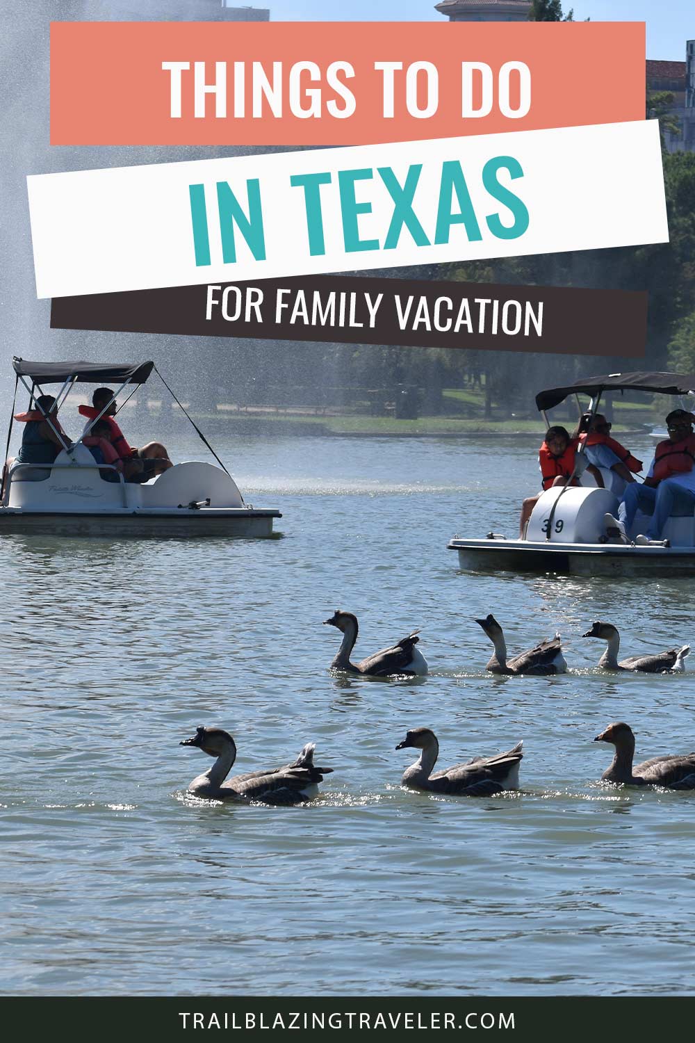 Some ducks and people on boats on a lake - Things To Do In Texas For Family Vacation.