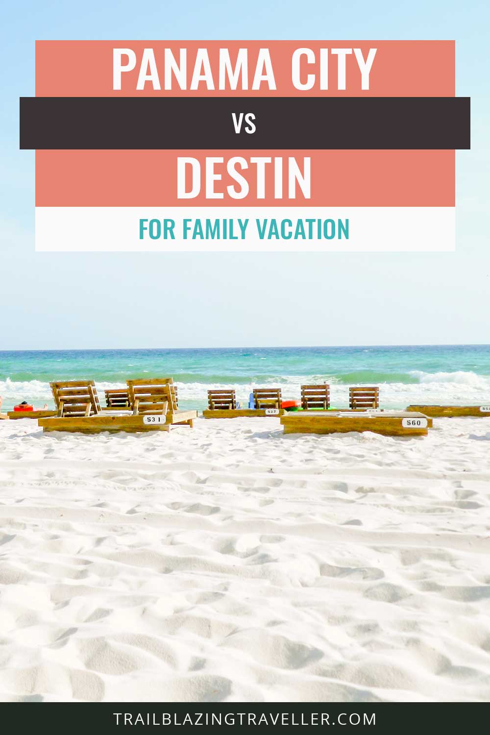 A sandy beach with some wooden chairs on it - Panama City vs. Destin for Family Vacation.