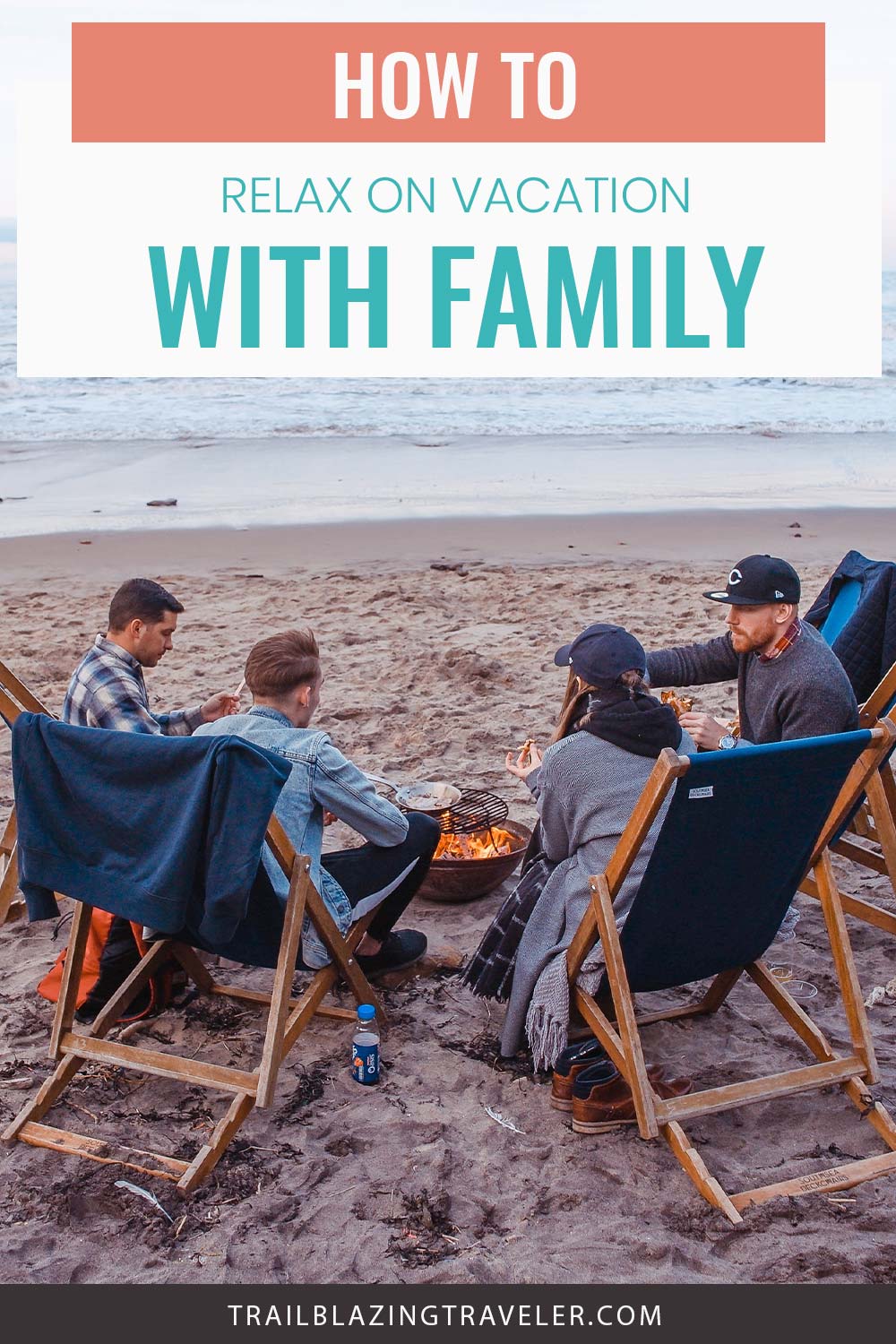 A family sitting on wooden chairs on a beach - How to Relax on Vacation with Family?